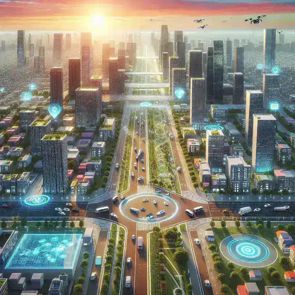 "Smart city skyline showcasing advanced technology integration, featuring smart buildings, electric vehicles, and sustainable urban design, illustrating how technology is transforming modern urban life."