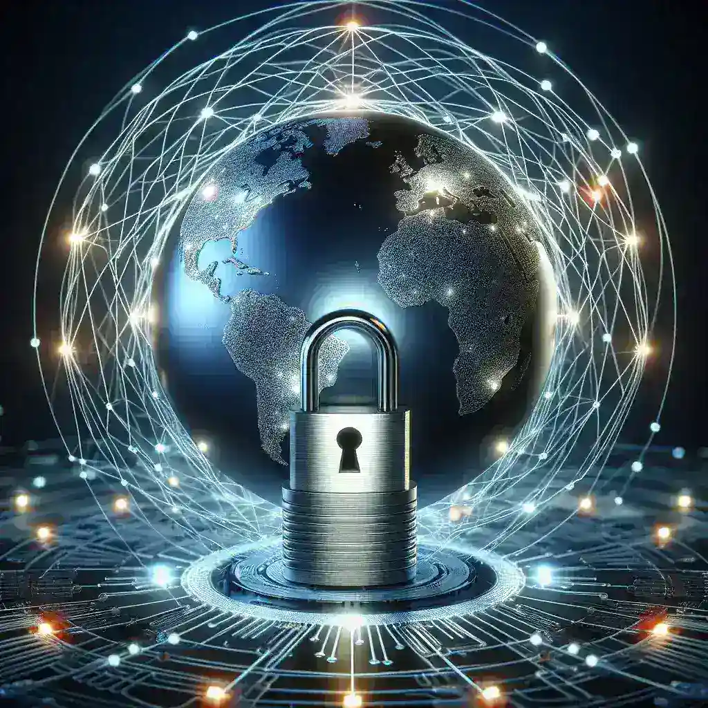 "Imagem ilustrativa representando a cibersegurança, mostrando uma rede de conexões digitais e um escudo, destacando a importância da proteção de dados em um mundo interconectado."